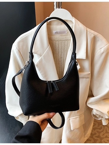 Sac Hobo Demi-Lune en Cuir PU à Motif Litchi Minimaliste pour Femme Sac Bandoulière Sac à Épaule Chic