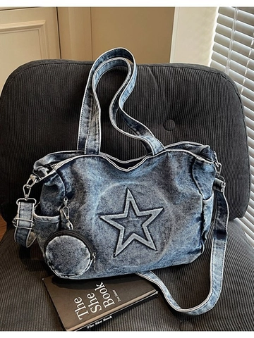 Grand Sac à Main en Denim Lavé Vintage pour Femmes Étoile Appliquée Sac à Bandoulière Avec Porte-monnaie Amovible Sac Casual