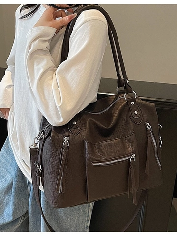 Sac Cabas Vintage en Similicuir Galet Grande Capacité pour Femmes Rétro Multi Poches Sac Bandoulière Sac à Main Épaule