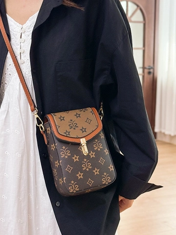 Sac Bandoulière en Cuir PU Rétro pour Femmes Imprimé Monogramme Petit Sac d'Épaule pour Téléphone Avec Serrure Métallique Mode