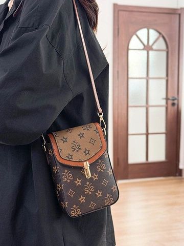 Sac Bandoulière en Cuir PU Rétro pour Femmes Imprimé Monogramme Petit Sac d'Épaule pour Téléphone Avec Serrure Métallique Mode