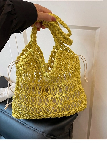 Women's Summer Beach Straw Woven Shoulder Bag Hollow Out Handcrafted Mesh Tote With Drawstring Inner Pocket Vacation Bag