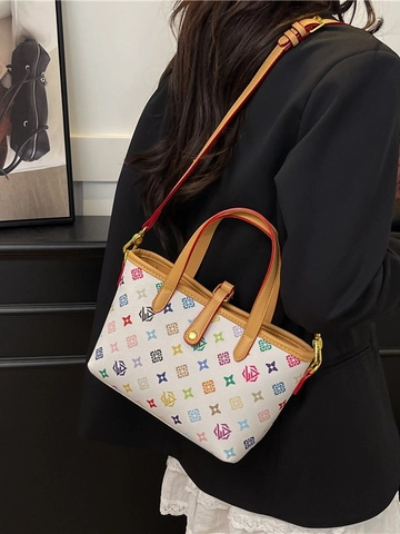 Damen Mode PU Leder Eimertasche Floral Monogramm Druck Umhängetasche Retro Koreanischen Stil Handtasche Für Den Alltag