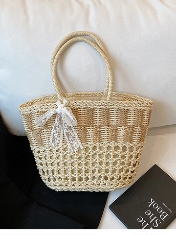 Women Large Capacity Straw Woven Handbag Vacation Beach Tote Bag With Lace Bow Decoration Hollow Out Splicing Shoulder Bag