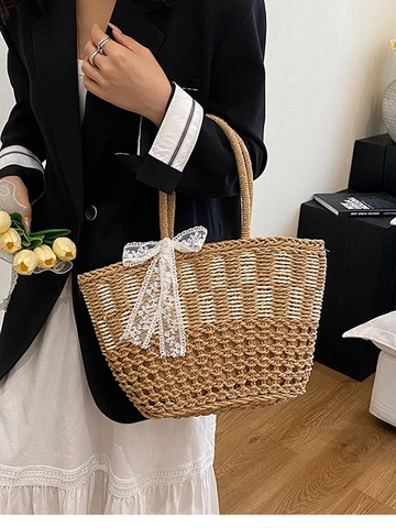 Women Large Capacity Straw Woven Handbag Vacation Beach Tote Bag With Lace Bow Decoration Hollow Out Splicing Shoulder Bag