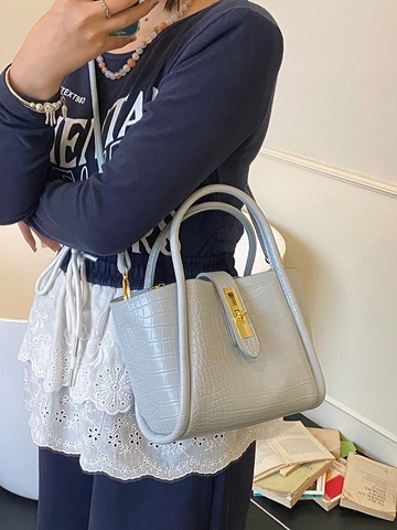 Sac Seau en Cuir PU à Motif Crocodile pour Femmes Mode Sac à Bandoulière avec Serrure Dorée pour Navettage Décontracté