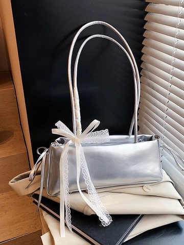 Bolso de Axila de Cuero PU de Moda para Mujer Lazo de Encaje Bolso de Hombro Rectangular Elegante Bolso de Viaje Diario Plisado Color Sólido