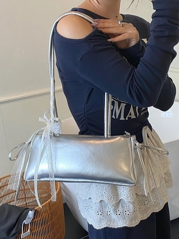 Bolso de Axila de Cuero PU de Moda para Mujer Lazo de Encaje Bolso de Hombro Rectangular Elegante Bolso de Viaje Diario Plisado Color Sólido