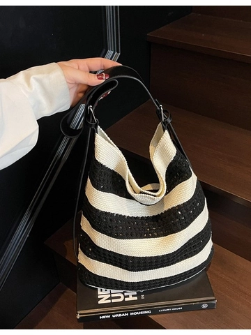 Sac Cabas Tissé à Rayures pour Femmes Sac à Épaule Ajouré au Crochet Couleur Contrastée Grande Capacité Sac de Plage Été