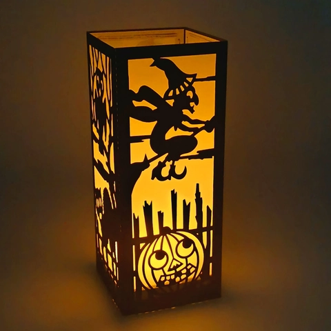 Pantalla de Cartulina Negra de Halloween Calado Corte Láser Silueta Bruja Calabaza Linterna de Papel para Fiesta Hogar