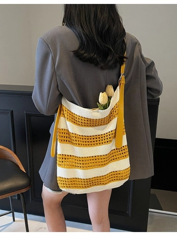 Sac Cabas Tissé à Rayures pour Femmes Sac à Épaule Ajouré au Crochet Couleur Contrastée Grande Capacité Sac de Plage Été