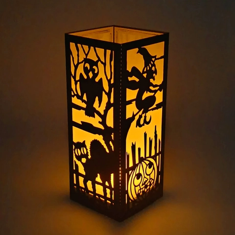 Pantalla de Cartulina Negra de Halloween Calado Corte Láser Silueta Bruja Calabaza Linterna de Papel para Fiesta Hogar