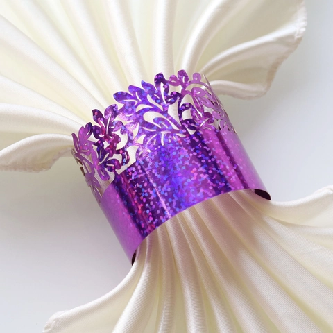 Ronds de Serviette en Papier Nacré Découpés au Laser Design de Feuille Ajourée Finition Pailletée Miroir pour Table de Mariage