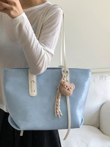 Sac Fourre-tout Femme Motif Crocodile Grande Capacité Sac à Main Épaule en Cuir PU Tendance Avec Pendentif Ours en Peluche