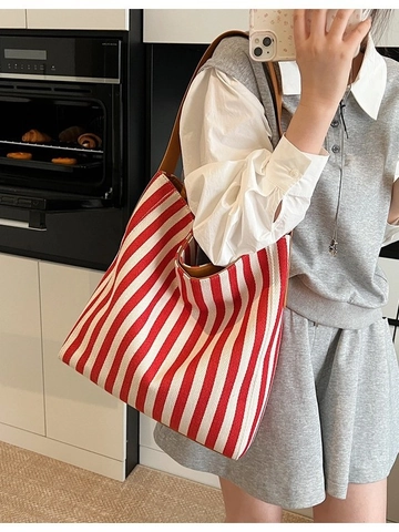 Grand Sac Cabas en Toile Rayée pour Femmes Sac à Bandoulière à Rayures Verticales à la Mode avec Anse en Simili Cuir