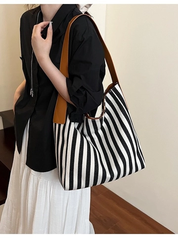 Grand Sac Cabas en Toile Rayée pour Femmes Sac à Bandoulière à Rayures Verticales à la Mode avec Anse en Simili Cuir