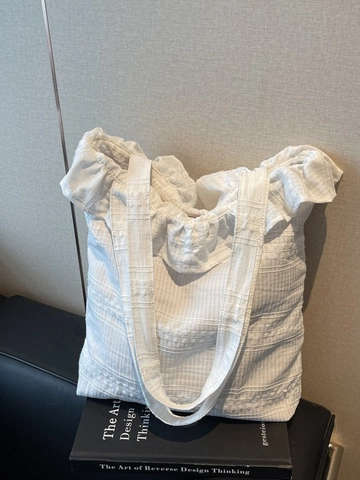 Sac Cabas en Toile Mode Coréenne Femmes Décontracté Plissé Gingham Sac à Épaule Grande Capacité Volants Broderie Sac Main