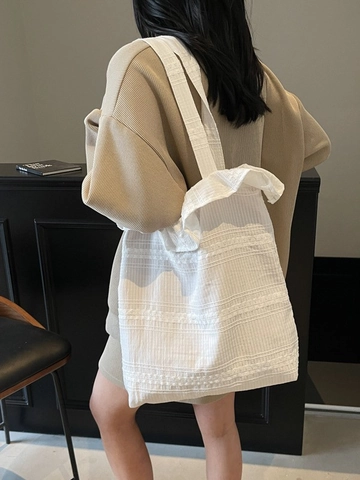 Sac Cabas en Toile Mode Coréenne Femmes Décontracté Plissé Gingham Sac à Épaule Grande Capacité Volants Broderie Sac Main