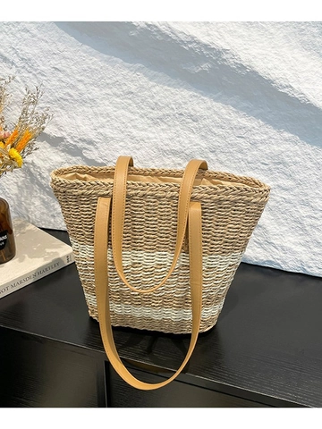 Women Striped Straw Woven Tote Bag Large Capacity Casual Beach Shoulder Bag With PU Leather Handle Vacation Handbag
