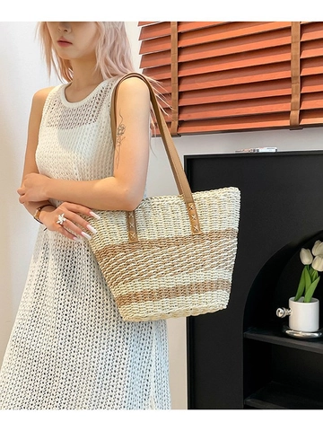 Women Striped Straw Woven Tote Bag Large Capacity Casual Beach Shoulder Bag With PU Leather Handle Vacation Handbag