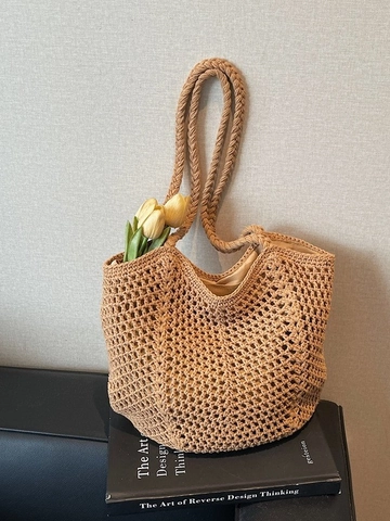 Sac Fourre-tout Tissé Bohème pour Femmes Grande Capacité Design Ajouré Sac à Bandoulière pour Plage Vacances Décontracté Tricot
