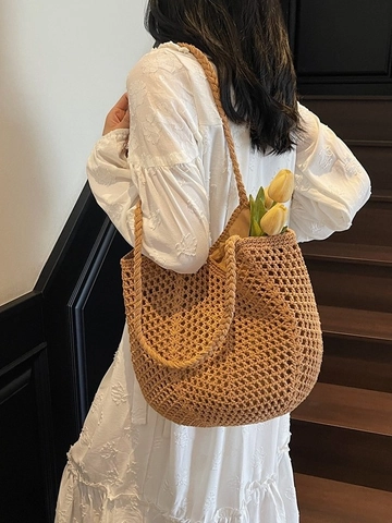 Sac Fourre-tout Tissé Bohème pour Femmes Grande Capacité Design Ajouré Sac à Bandoulière pour Plage Vacances Décontracté Tricot