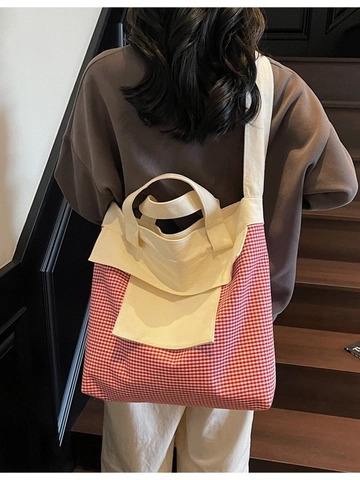 Grand Sac Cabas en Toile Rayé Vichy Patchwork Sac à Épaule pour Femmes Décontracté Multi Poches Sac à Main