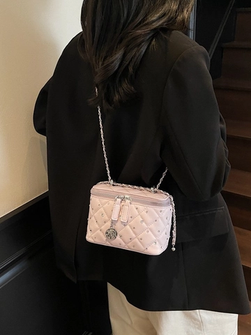 Women Retro Quilted PU Leather Box Bag Rhinestone Chain Shoulder Bag Small Crossbody Bag With Flower Pendant Fashion Handbag