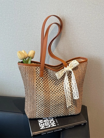 Sac Fourre-tout Tissé Grande Capacité pour Femmes Mode Nœud en Dentelle Sac à Épaule Plage en Paille Sac à Main Décontracté Été