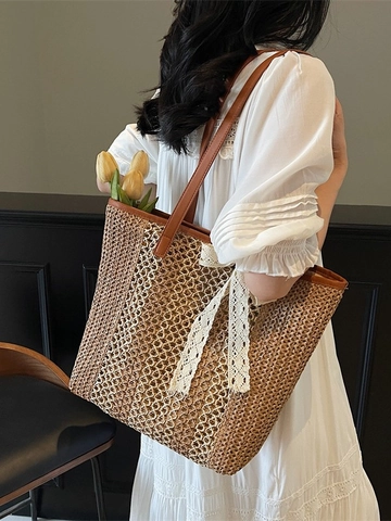 Sac Fourre-tout Tissé Grande Capacité pour Femmes Mode Nœud en Dentelle Sac à Épaule Plage en Paille Sac à Main Décontracté Été
