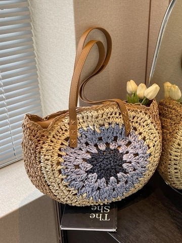 Grand Sac Fourre-Tout Rond en Paille Tissée pour Femmes Motif Tournesol Évidé Sac à Épaule de Plage Été Bohème avec Poignées en Cuir
