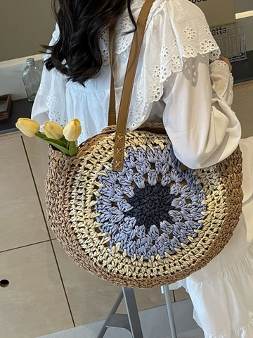 Grand Sac Fourre-Tout Rond en Paille Tissée pour Femmes Motif Tournesol Évidé Sac à Épaule de Plage Été Bohème avec Poignées en Cuir