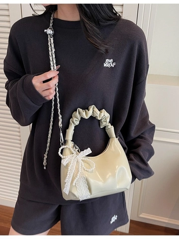 Sac Hobo en Cuir PU pour Femmes Avec Poignée Froncée Pendentif Nœud en Dentelle et Perle Artificielle Sac Bandoulière Chaîne Métal