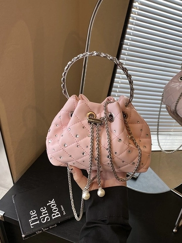 Sac Seau en Cuir PU Matelassé pour Femme à la Mode Sac Bandoulière avec Chaîne en Strass Cordon en Perle Artificielle Poignée en Anneau Métallique
