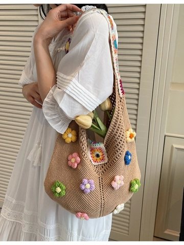 Borsa Tote a Fiori All'uncinetto Fatta a Mano Grande Capacità Borsa a Tracolla in Maglia Boema per Donna Borsa da Spiaggia Vacanza