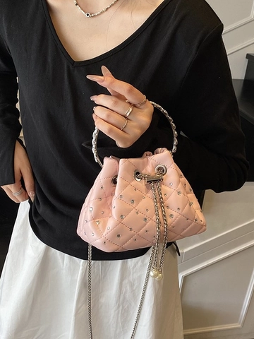 Sac Seau en Cuir PU Matelassé pour Femme à la Mode Sac Bandoulière avec Chaîne en Strass Cordon en Perle Artificielle Poignée en Anneau Métallique