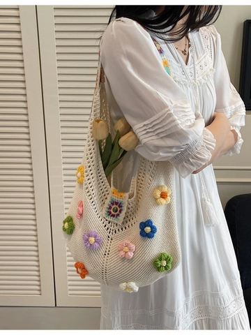 Borsa Tote a Fiori All'uncinetto Fatta a Mano Grande Capacità Borsa a Tracolla in Maglia Boema per Donna Borsa da Spiaggia Vacanza