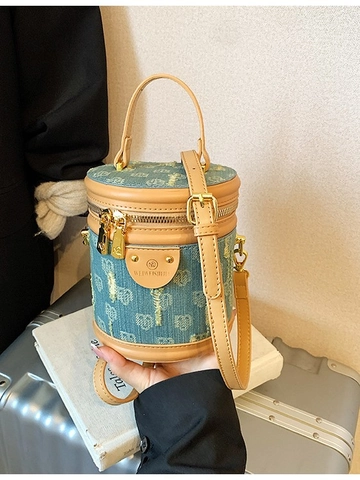 Borsa a Secchiello Monogramma in Denim Vintage per Donna Borsa a Tracolla a Cilindro in Pelle PU Con Cinturino Regolabile