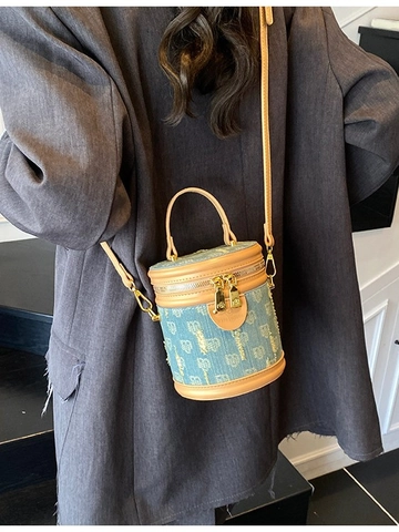 Fashion Vintage PU Leather Monogram Bucket Bag For Women Niche Design Shoulder Crossbody Bag Cylindrical Handbag Daily Travel