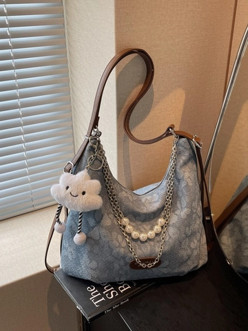 Sac Hobo en PU Grande Capacité pour Femmes Avec Chaîne de Perles Artificielles Sac Sous le Bras Jacquard Floral Sac Fourre-Tout