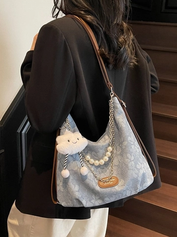 Sac Hobo en PU Grande Capacité pour Femmes Avec Chaîne de Perles Artificielles Sac Sous le Bras Jacquard Floral Sac Fourre-Tout