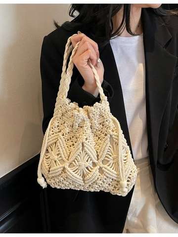 Sac Seau Bohème en Corde de Coton Tissé Main Pour Femme Style Plage Vacances Sac Bandoulière Cordon avec Glands Perles