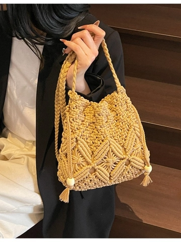 Sac Seau Bohème en Corde de Coton Tissé Main Pour Femme Style Plage Vacances Sac Bandoulière Cordon avec Glands Perles