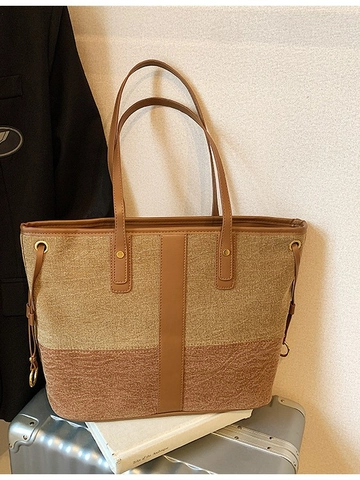 Sac Cabas Vintage en Denim pour Femmes avec Blocs de Couleur Sac à Bandoulière Grande Capacité Poignée en Cuir PU