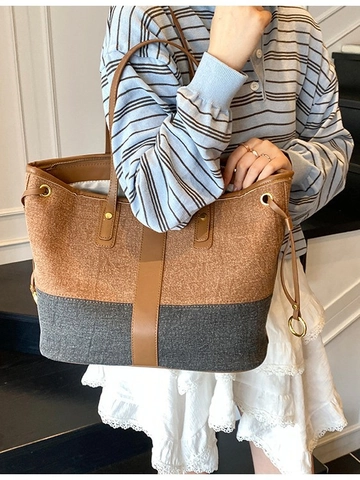 Sac Cabas Vintage en Denim pour Femmes avec Blocs de Couleur Sac à Bandoulière Grande Capacité Poignée en Cuir PU