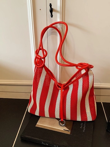 Women Striped Mesh Hollow Out Shoulder Bag Fashion Contrast Color Bucket Bag For Summer Beach Casual Daily Tote Bag