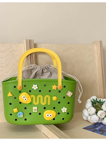 Women Waterproof PVC Hole Tote Bag Cute Cartoon DIY Charms Beach Handbag With Drawstring Inner Pouch Shower Storage Basket