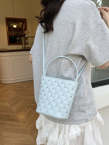 Fashion Women Quilted Rhombus PU Leather Bucket Bag Mini Crossbody Handbag With Chain Strap Rivet Decoration Daily Shoulder Bag