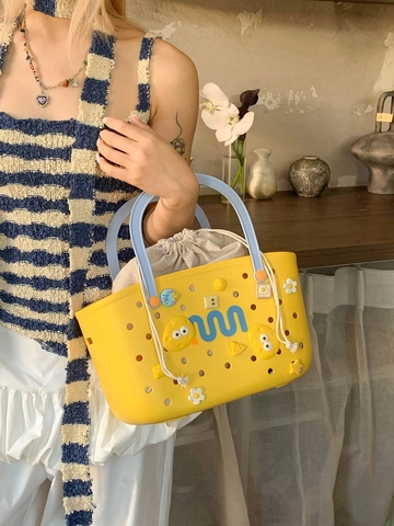 Women Waterproof PVC Hole Tote Bag Cute Cartoon DIY Charms Beach Handbag With Drawstring Inner Pouch Shower Storage Basket