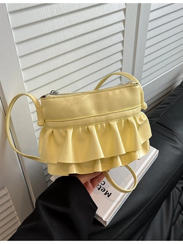 Women Trendy PU Leather Ruffle Bucket Bag Double Layer Pleated Design Fashion Metallic Silver Yellow Crossbody Shoulder Bag